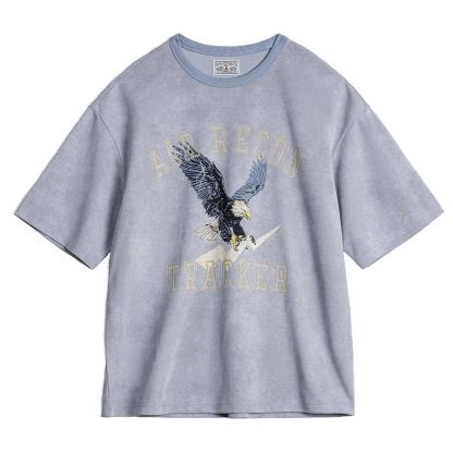 美式復古印花做舊仿蠟染圓領藍色落肩針織短袖T恤男士夏