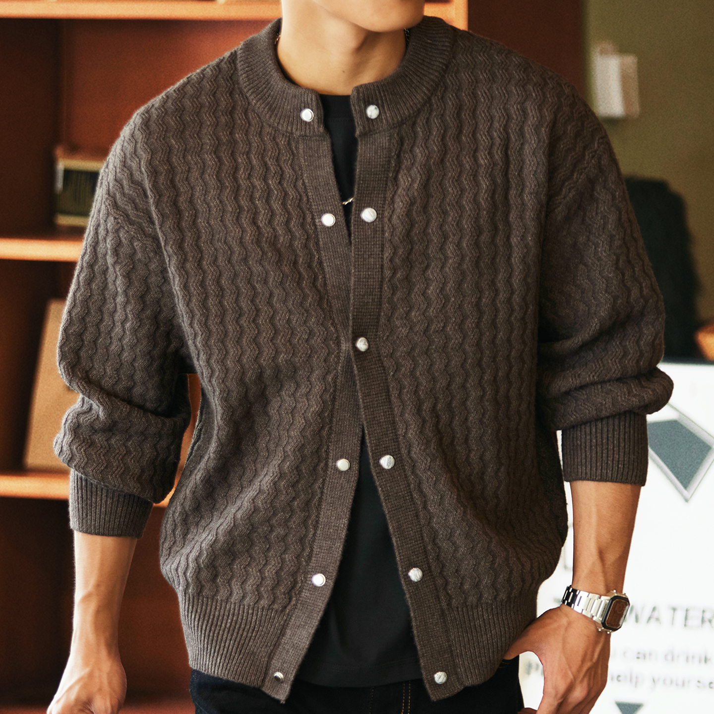 肌理感絞花開衫毛衣外套男2025秋冬新款休閒棒球領加厚保暖針織衫