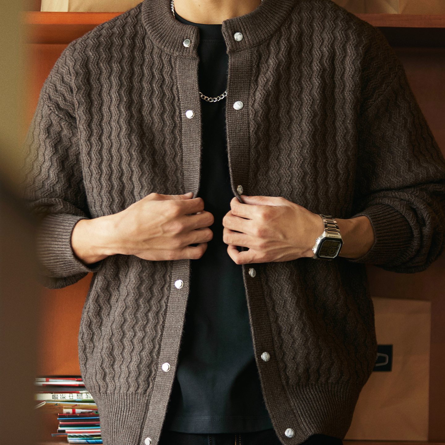 肌理感絞花開衫毛衣外套男2025秋冬新款休閒棒球領加厚保暖針織衫