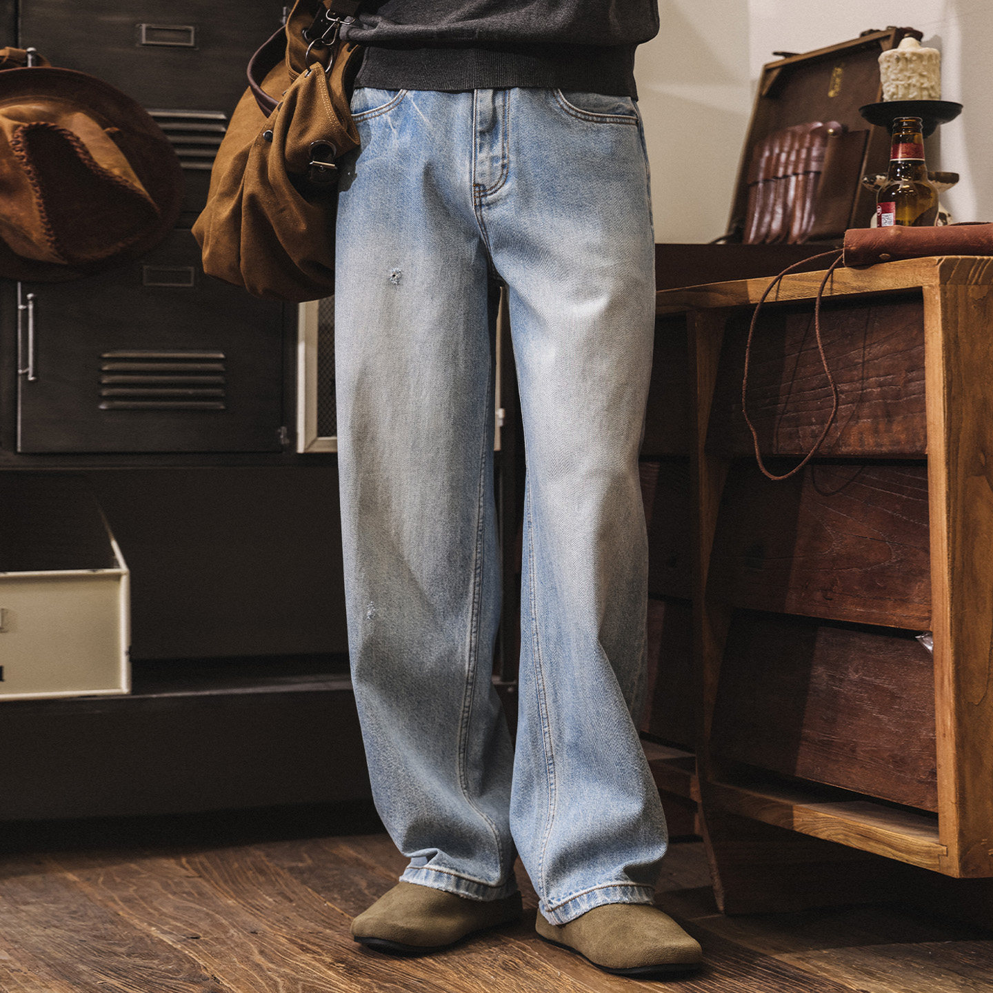 美式復古水洗磨白闊腿牛仔褲男款2026新款春季潮牌寬鬆休閒直筒褲