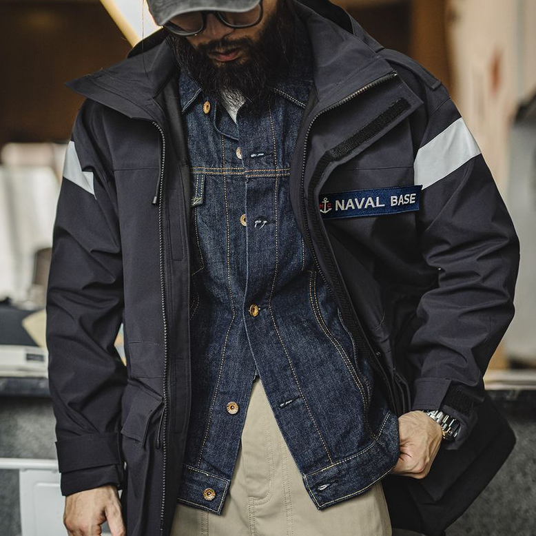美式復古中長款海軍派克風衣寬鬆防風連帽夾克外套男秋季-Retro's Wear