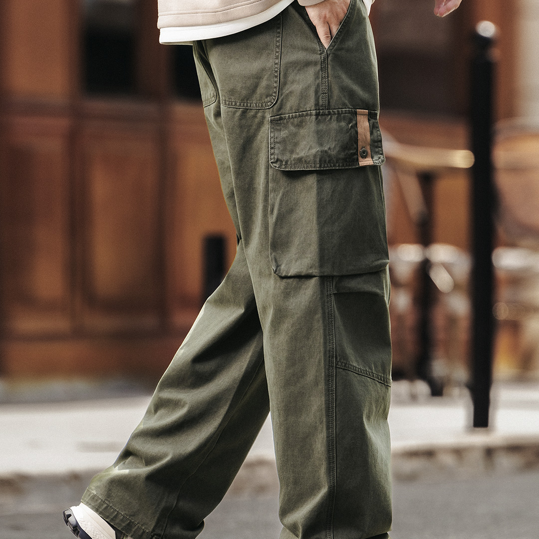 美式復古戶外純棉工裝褲男士秋季新款寬鬆直筒闊腿休閒褲子