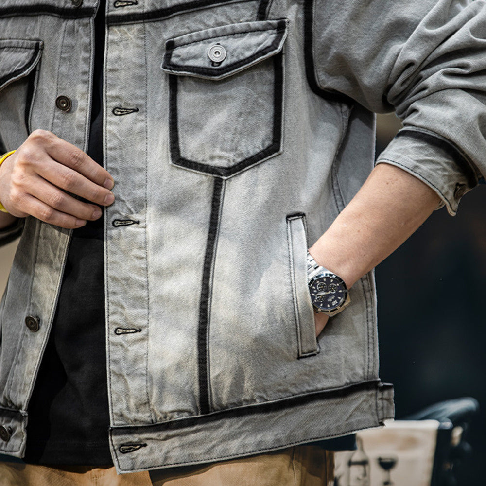 美式水洗描邊牛仔外套男春季2025新款潮牌復古軋染翻領工裝夾克男