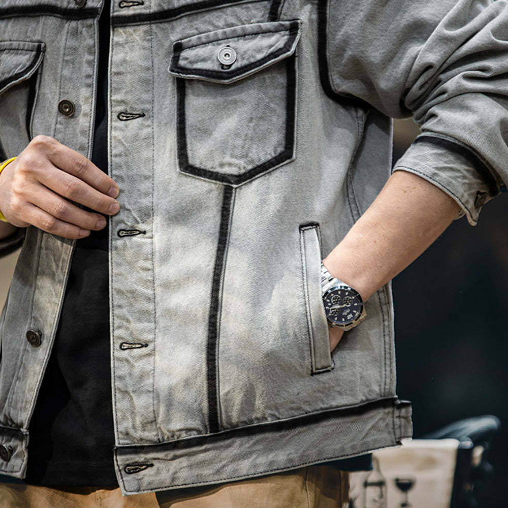 美式水洗描邊牛仔外套男春季2025新款潮牌復古軋染翻領工裝夾克男