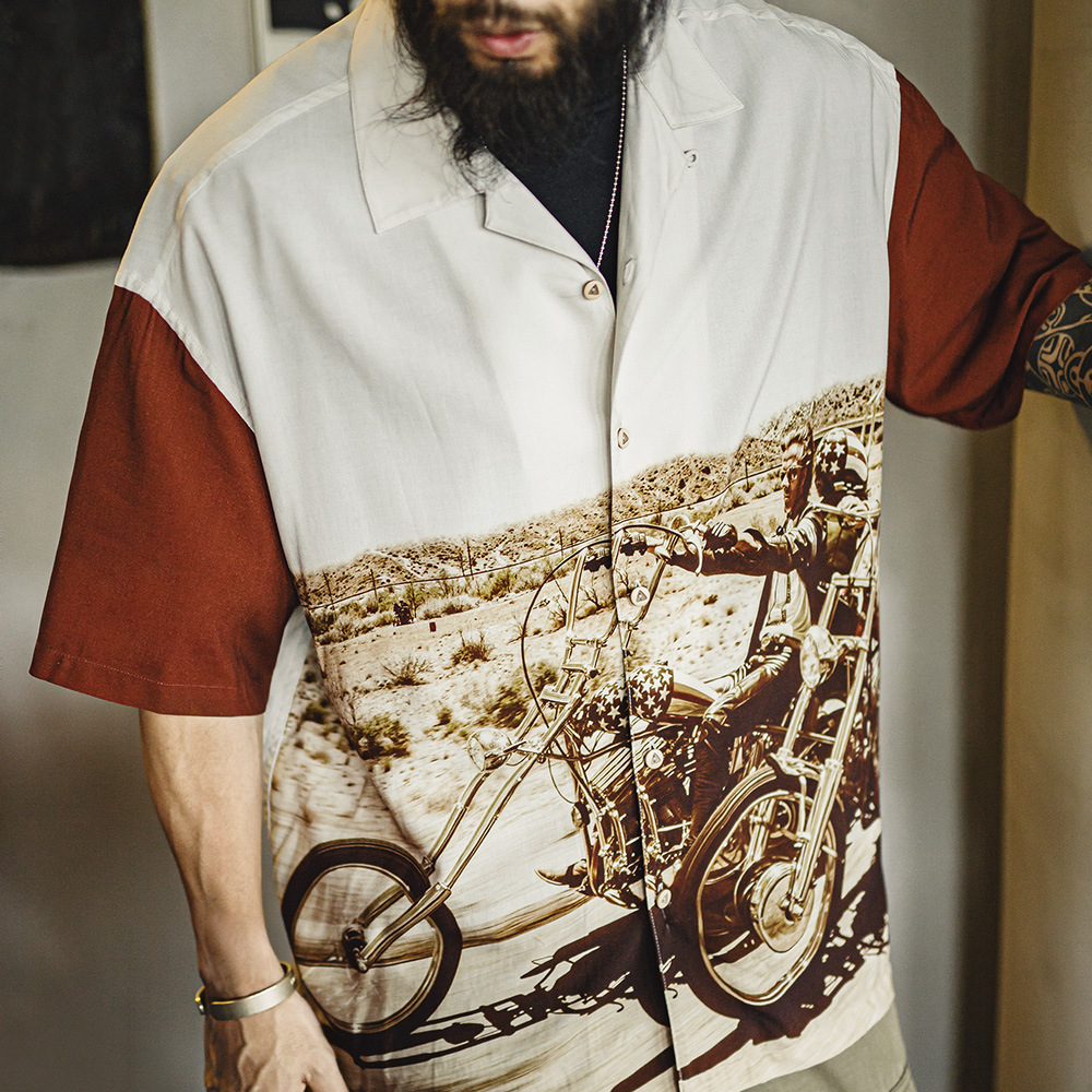 美式復古撞色古巴領襯衫垂感滿印花襯衣薄款短袖外套男夏