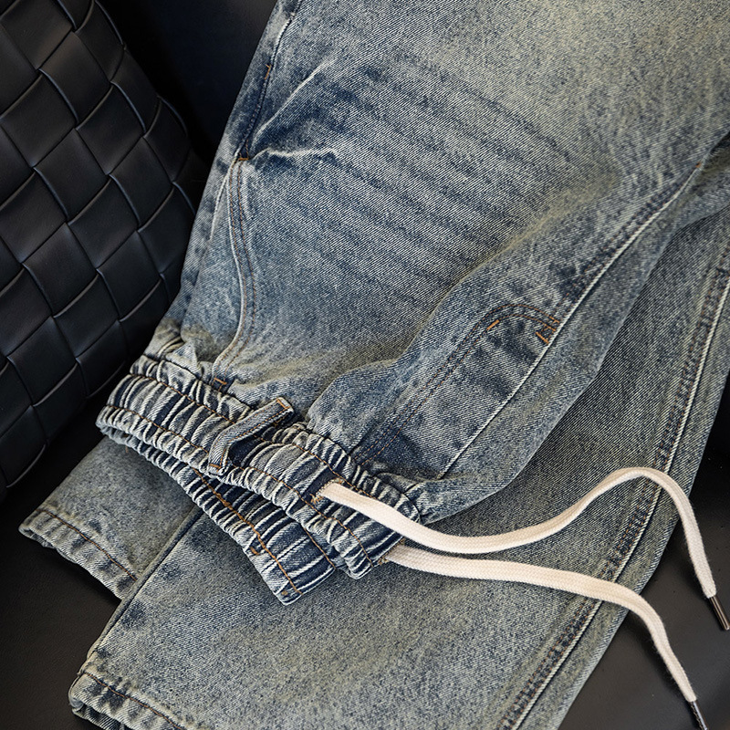 MRA鬆緊腰猫須水洗牛仔褲復古丹寧直筒寬鬆休閒長褲子男夏