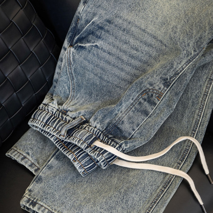 MRA鬆緊腰猫須水洗牛仔褲復古丹寧直筒寬鬆休閒長褲子男夏