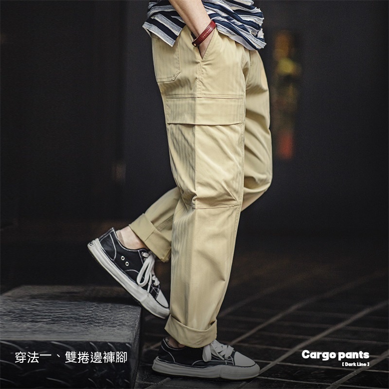 美式復古多口袋人字紋休閒褲vibe軍綠色直筒長褲男春季-Retro's Wear