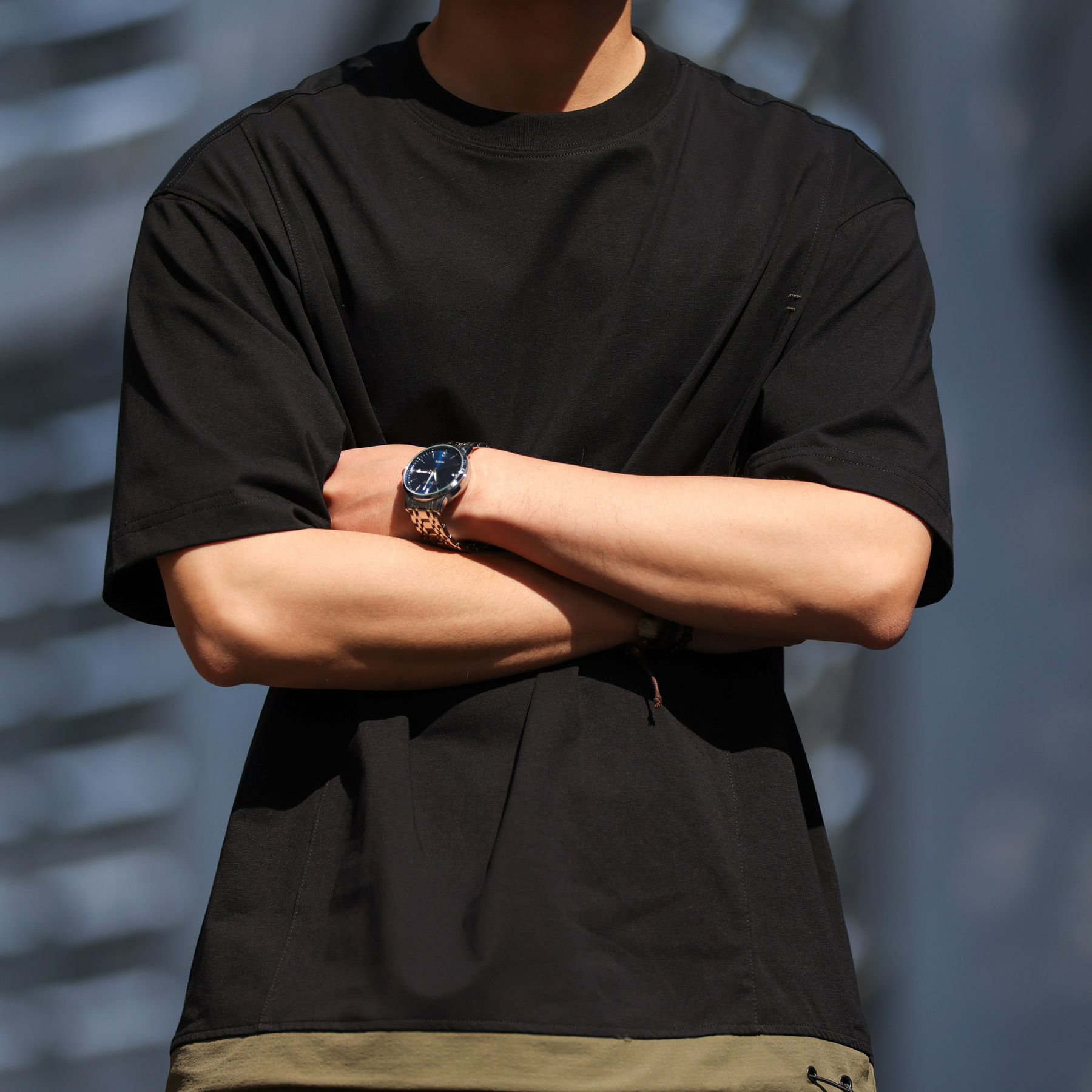 美式戶外工裝短袖T恤男士夏季撞色拼接裁剪設計休閒TEE