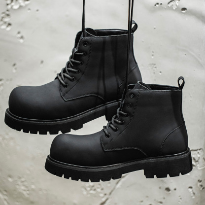 米奇馬丁靴男鞋2025秋季新款圓頭厚底高幫工裝靴百搭中幫靴子