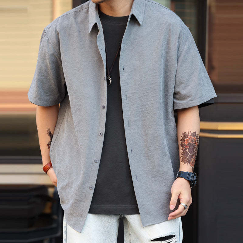 夏日橙色休閒短袖襯衫男美式寬鬆抗皺高級感痞帥疊穿襯衣