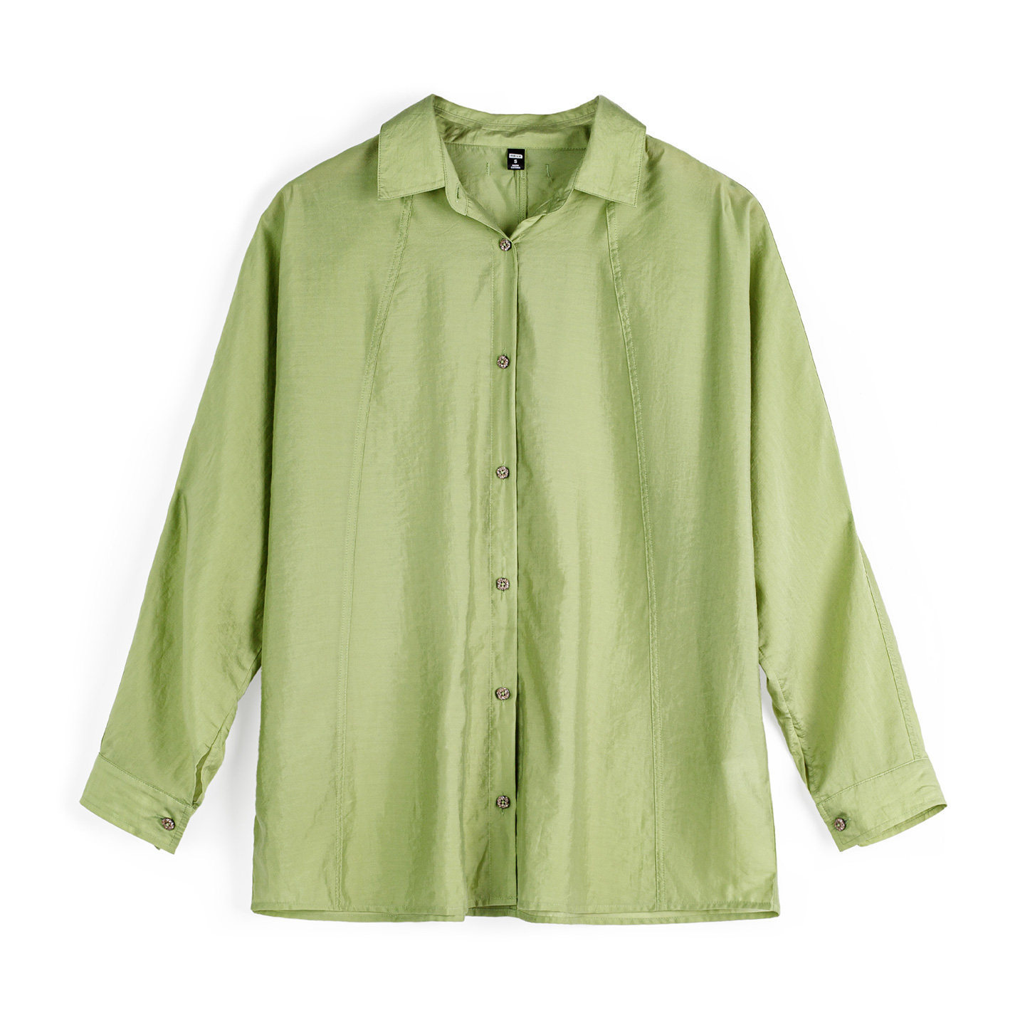 綠色仿天絲垂感輕薄款翻領寬鬆休閒長袖襯衫外套襯上衣女士春