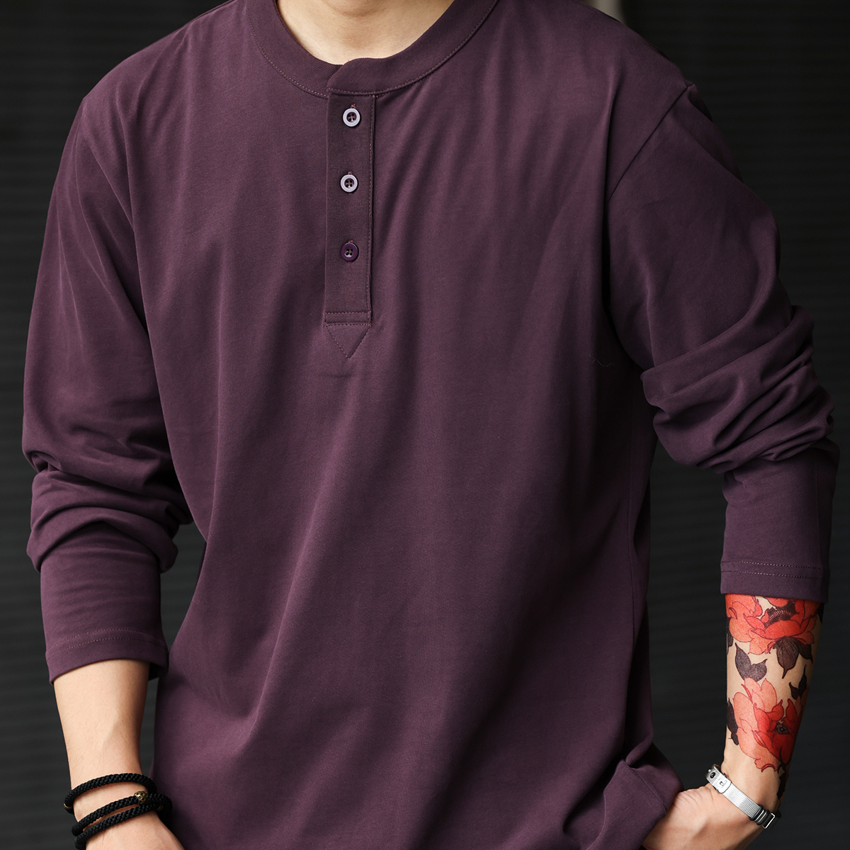 美式休閒磨毛長袖亨利領T恤男純色7A抗菌親膚打底POLO衫