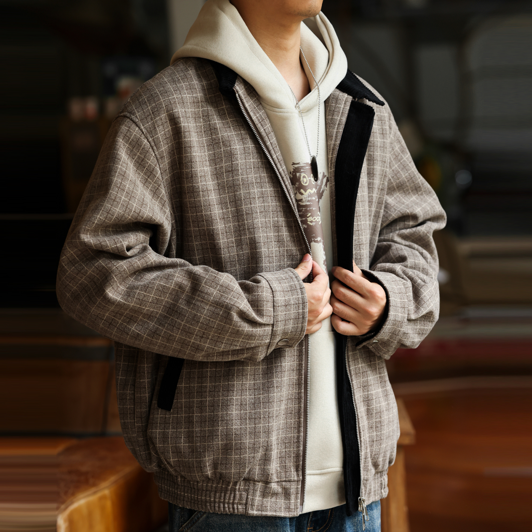 老錢風千鳥格撞色翻領夾克男美式復古哈靈頓工裝外套秋