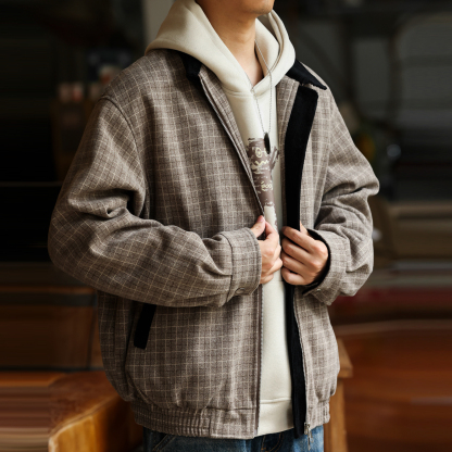 老錢風千鳥格撞色翻領夾克男美式復古哈靈頓工裝外套秋