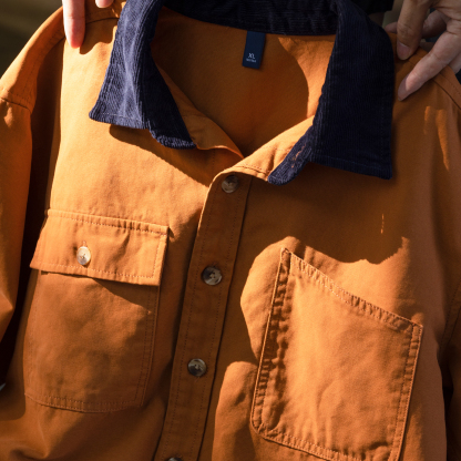 巴恩風復古工裝襯衫男撞色燈芯絨領口痞帥長袖襯衣外套