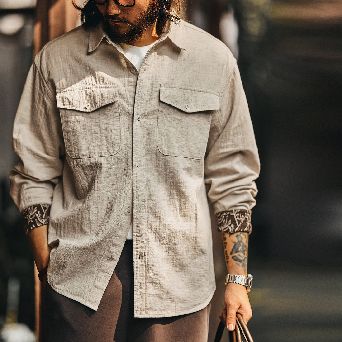美式復古亞麻混紡輕薄男士襯衫外套寬鬆春季款工裝長袖襯衣