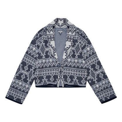 復古納瓦霍西裝翻V領老錢風提花針織毛衣開衫薄短款外套女春