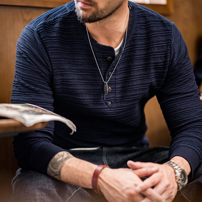 美式復古提花針織牛仔亨利衫vintage硬漢修身長袖T恤男秋-Retro's Wear