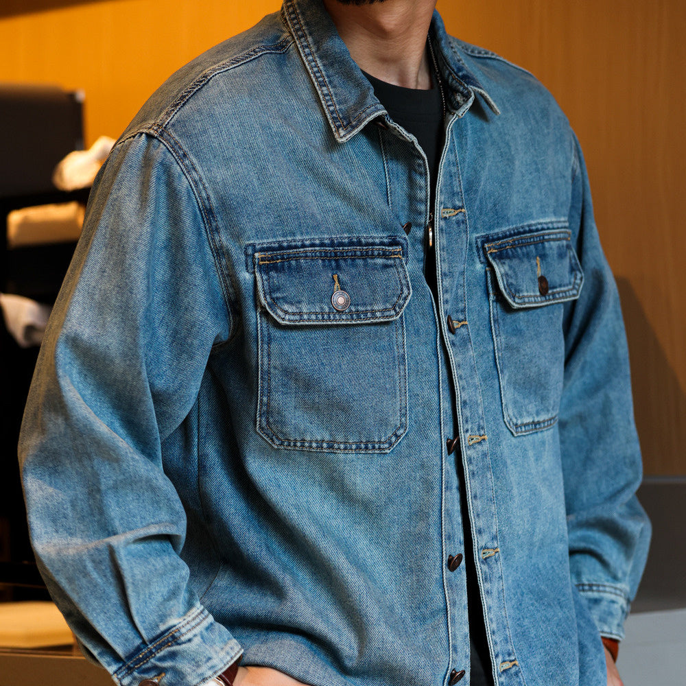美式復古水洗9.5盎司牛仔襯衫萊賽爾翻領外搭工裝夾克外套秋-Retro's Wear