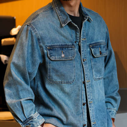 美式復古水洗9.5盎司牛仔襯衫萊賽爾翻領外搭工裝夾克外套秋-Retro's Wear