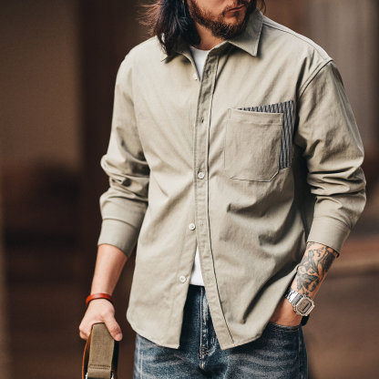 美式復古設計感撞色口袋拼接長袖襯衫男春秋季工裝襯衣外套