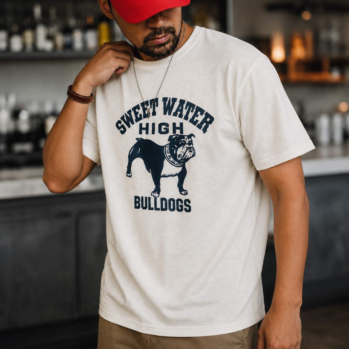 255克老竹節棉短袖T恤男士美式復古Bulldogs鬥牛犬印花上衣