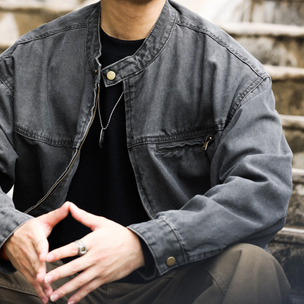 美式vintage立領底特律夾克男微寬帆布做舊戶外硬漢工裝外套-Retro's Wear
