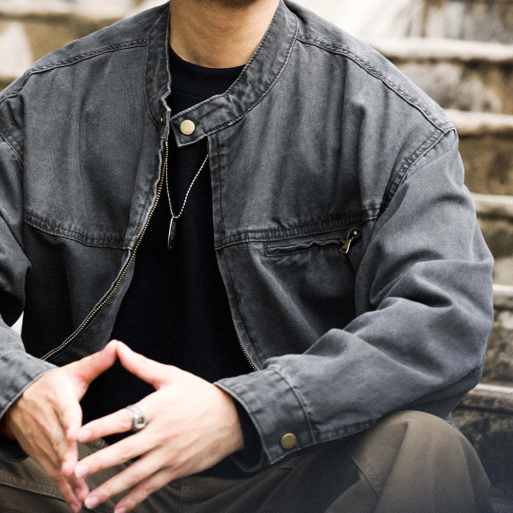 美式vintage立領底特律夾克男微寬帆布做舊戶外硬漢工裝外套-Retro's Wear