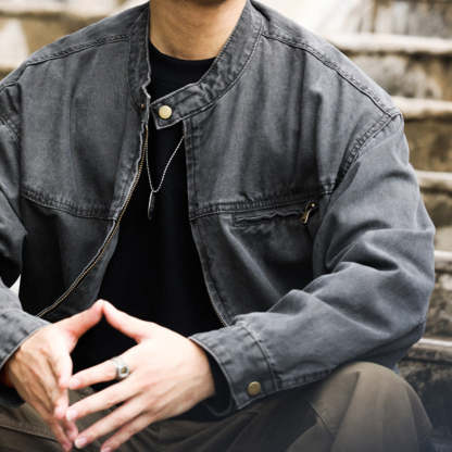 美式vintage立領底特律夾克男微寬帆布做舊戶外硬漢工裝外套-Retro's Wear