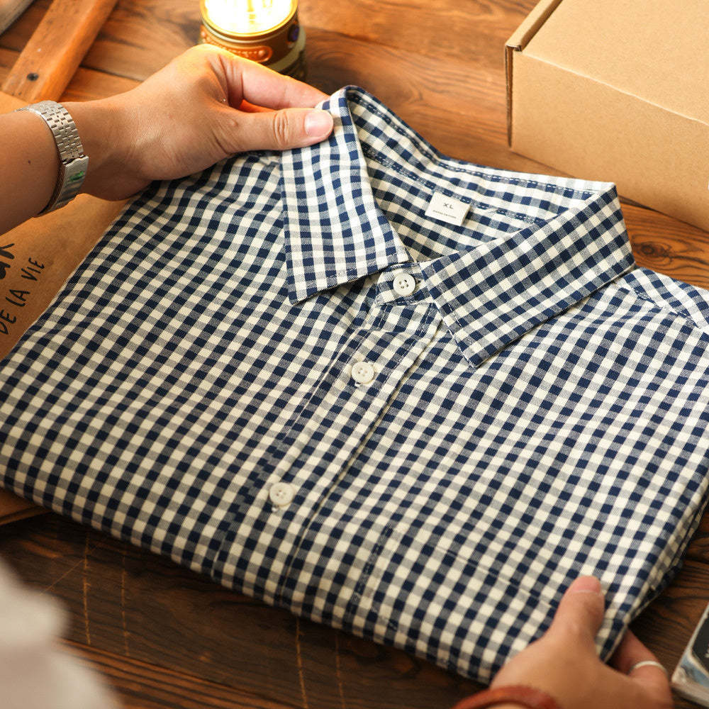 美式休閒175g薄款格子襯衫男寬鬆牛津紡復古長袖疊穿襯衣