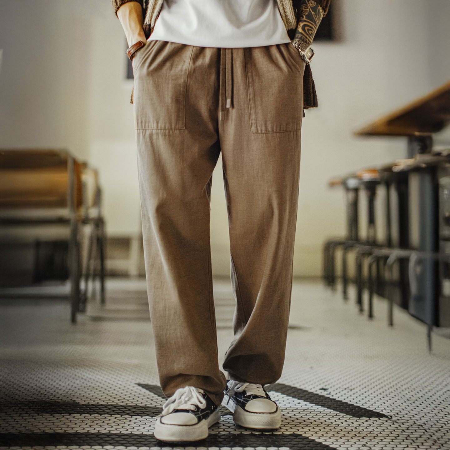 美式復古萊賽爾天絲貝克褲休閒束脚直筒藏青色長褲子男秋