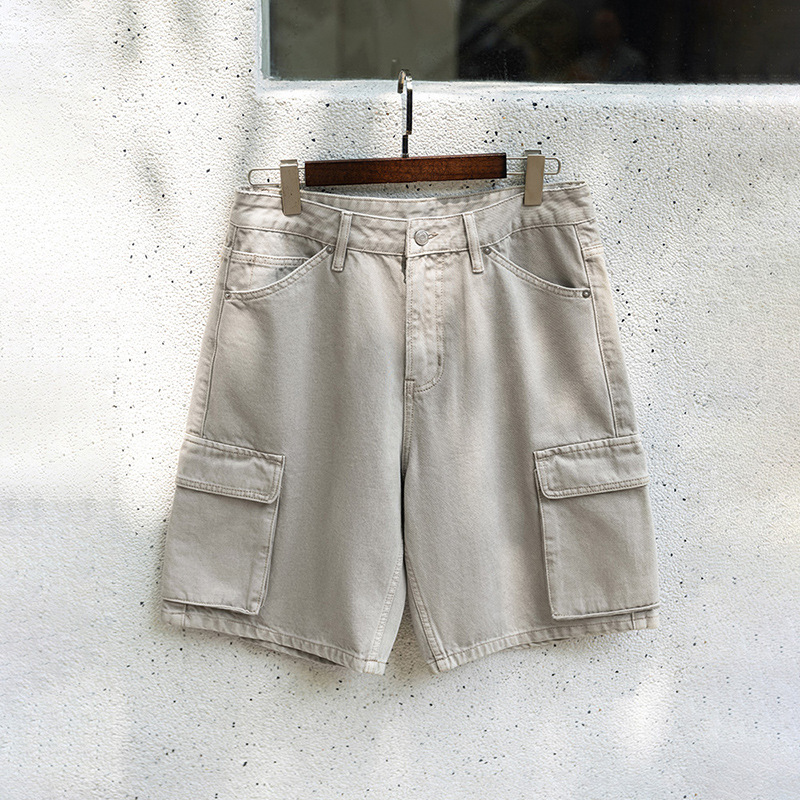 MRA多口袋工裝褲直筒短褲水洗做舊重磅寬鬆純棉五分褲男夏