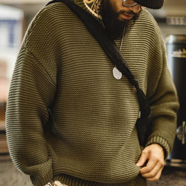 美式復古重磅肌理針織毛衣寬鬆落肩圓領套頭打底衫男秋冬-Retro's Wear