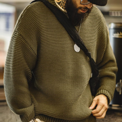 美式復古重磅肌理針織毛衣寬鬆落肩圓領套頭打底衫男秋冬-Retro's Wear