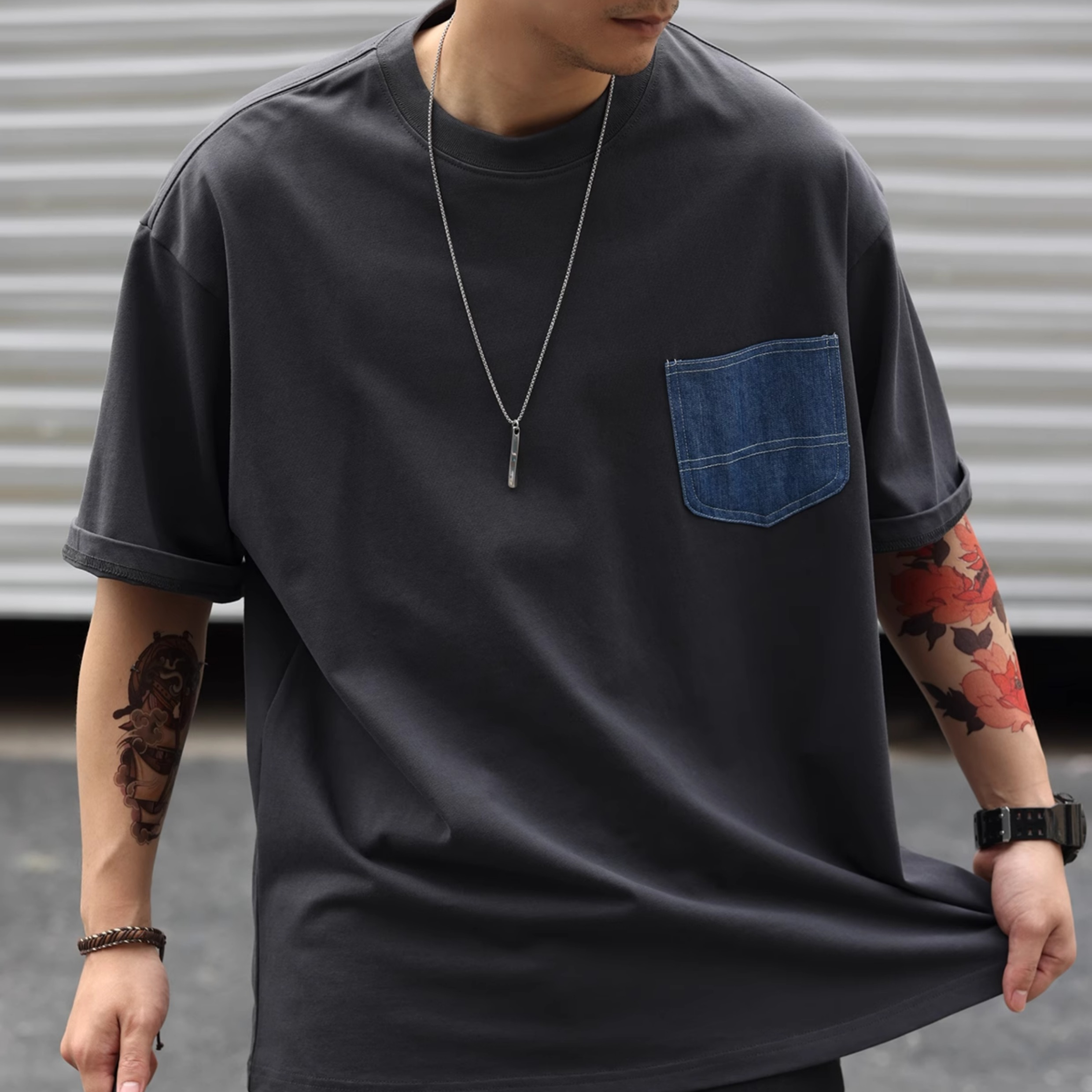300g重磅精梳棉短袖T恤男美式休閒拼接牛仔口袋打底衫夏