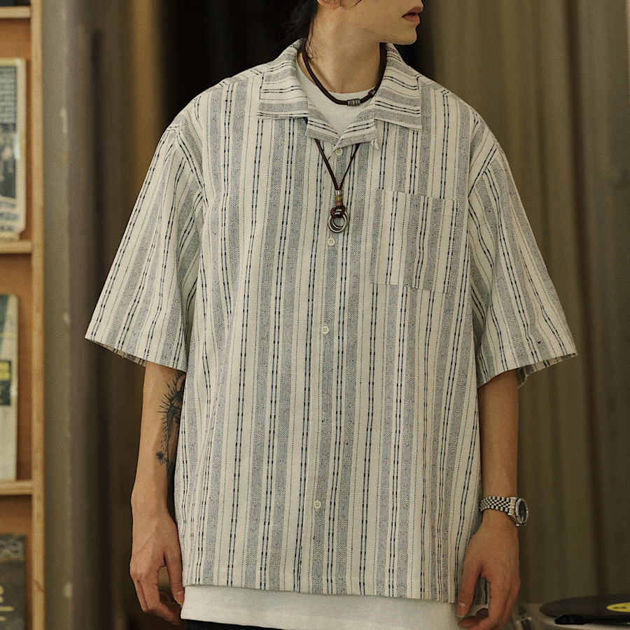 夏季日系條紋口袋工裝襯衫男少年感休閒潮流短袖襯衣