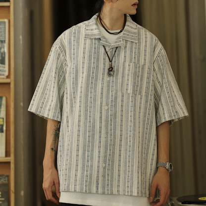 夏季日系條紋口袋工裝襯衫男少年感休閒潮流短袖襯衣