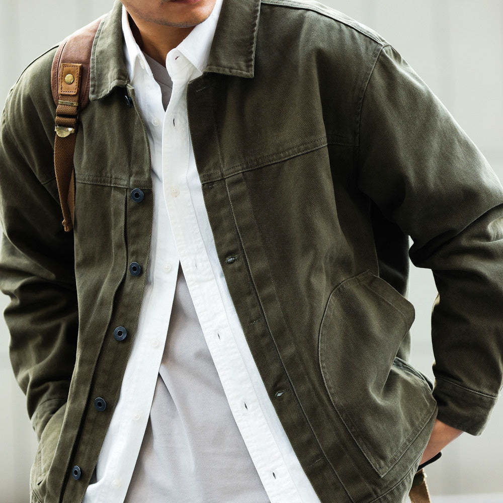 美式格雷系碳素磨毛復古夾克男士寬鬆休閒重磅翻領工裝外套-Retro's Wear
