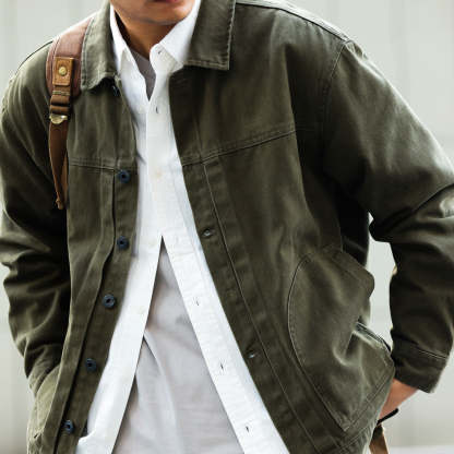 美式格雷系碳素磨毛復古夾克男士寬鬆休閒重磅翻領工裝外套-Retro's Wear