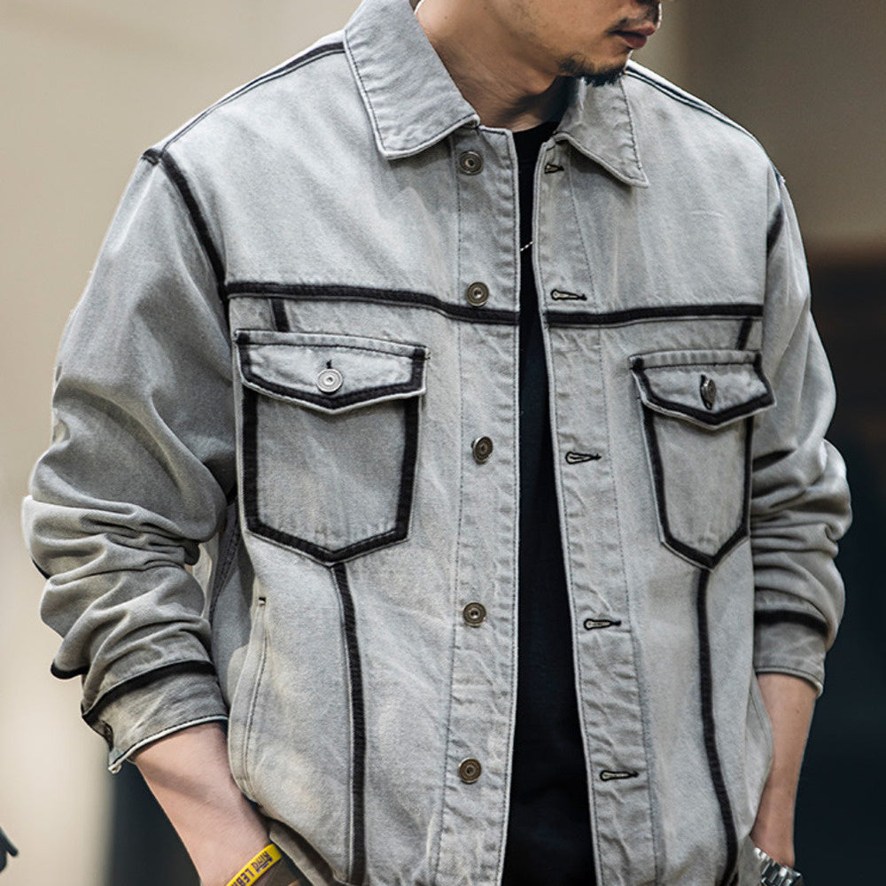 美式水洗描邊牛仔外套男春季2025新款潮牌復古軋染翻領工裝夾克男