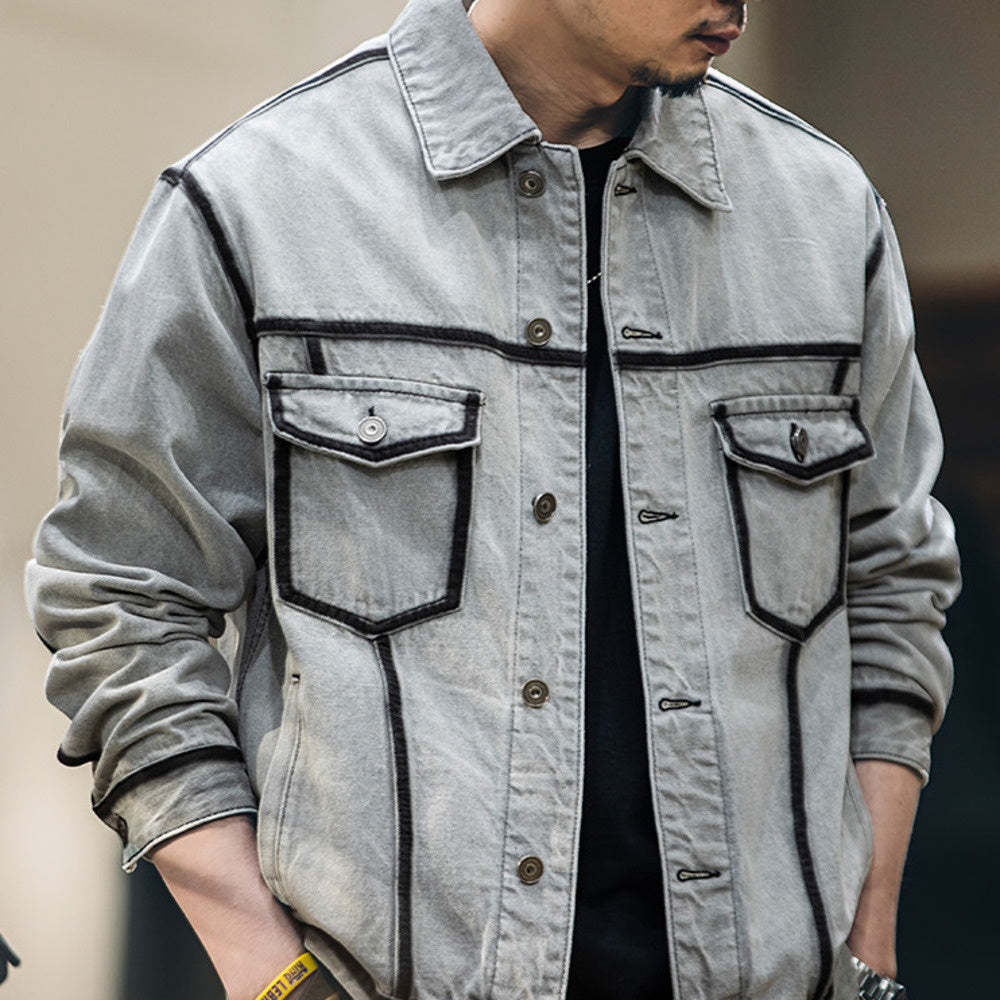 美式水洗描邊牛仔外套男春季2025新款潮牌復古軋染翻領工裝夾克男