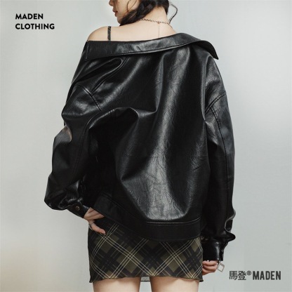 美式復古黑色皮衣外套小個子短款機車風夾克通勤上衣春秋女-Retro's Wear