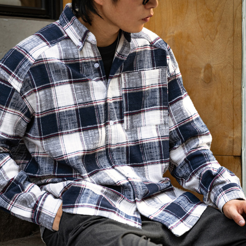 MRA日系撞色藍白條紋長袖襯衫cozyfit鬆弛風大格子外套潮早秋