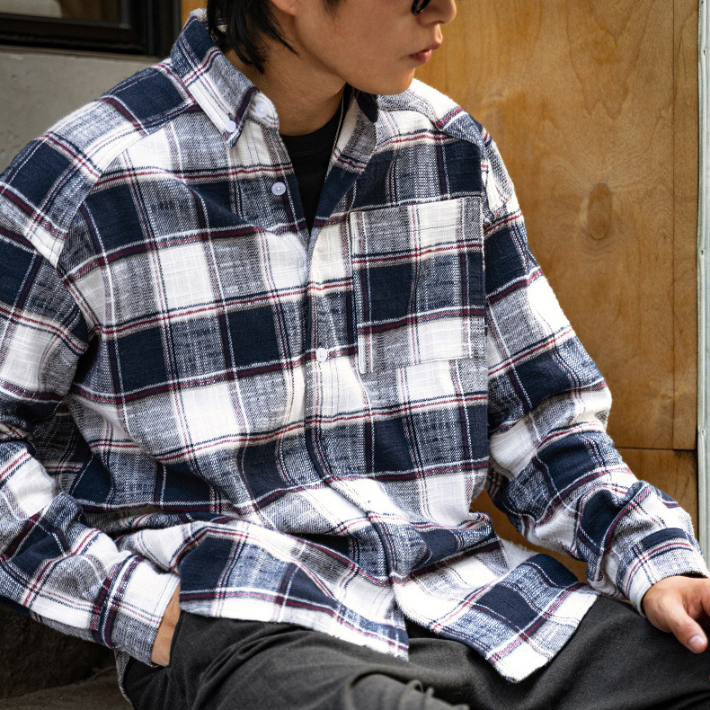 MRA日系撞色藍白條紋長袖襯衫cozyfit鬆弛風大格子外套潮早秋