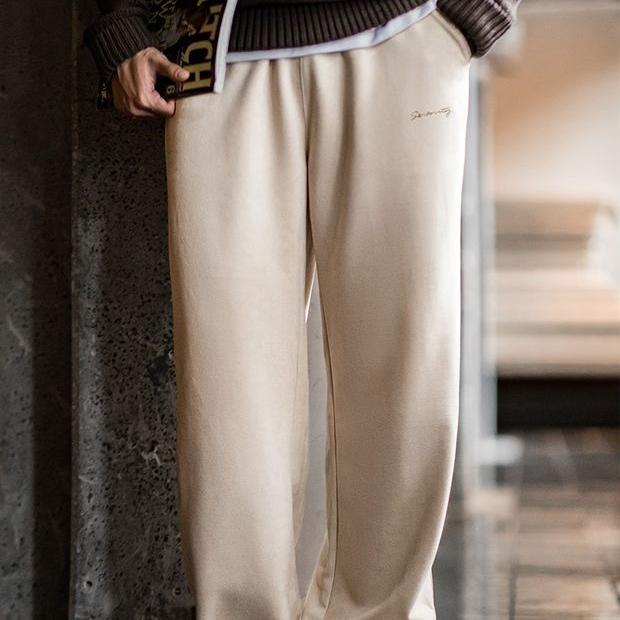 美式休閒磨毛麂皮衛褲慵懶風寬鬆垂感直筒闊腿褲子男秋冬