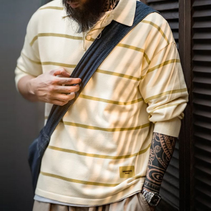 美式休閒條紋針織polo衫撞色翻領半開襟寬鬆長袖T恤男春