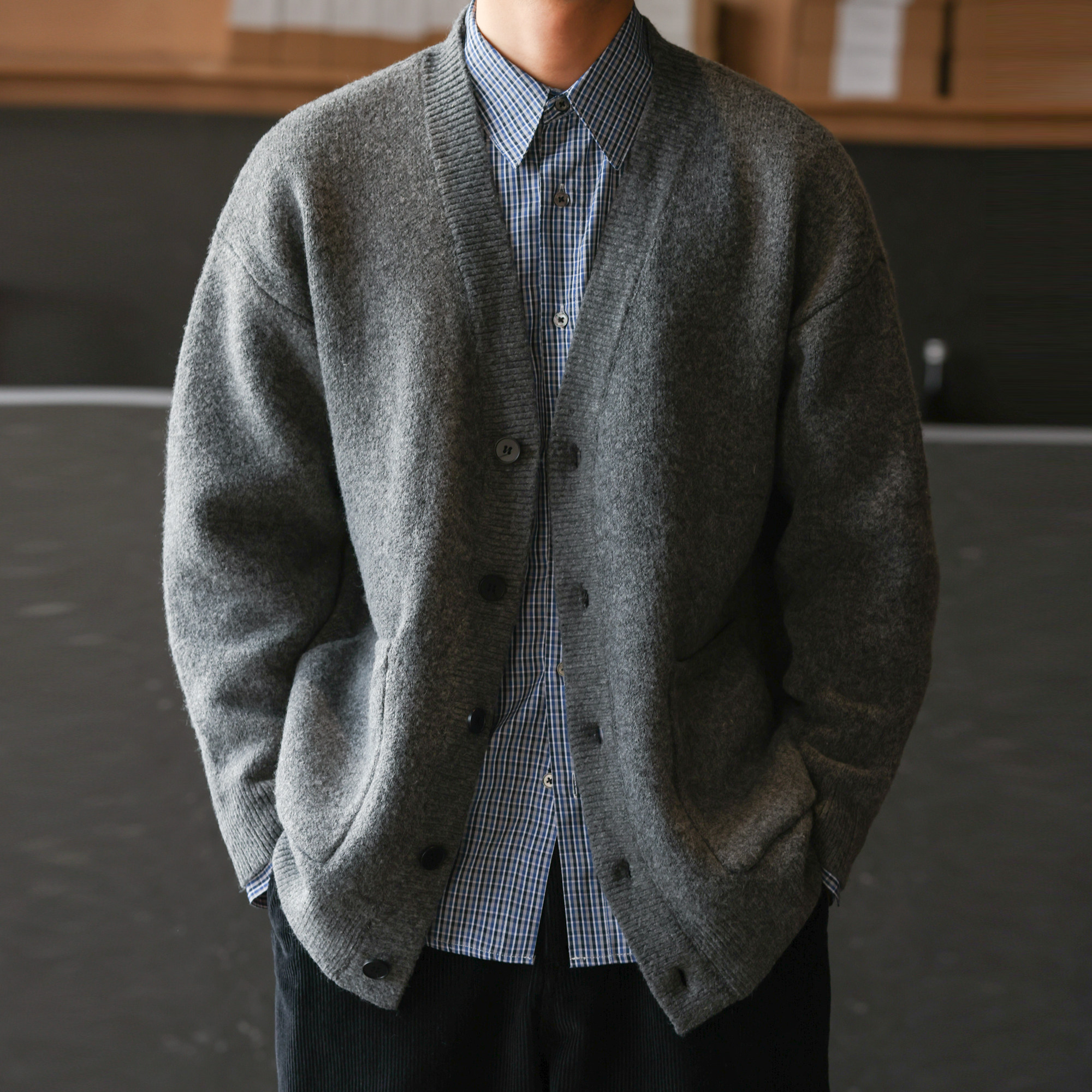 美式復古750g重磅V領開衫毛衣男疊穿外搭學院風針織衫冬