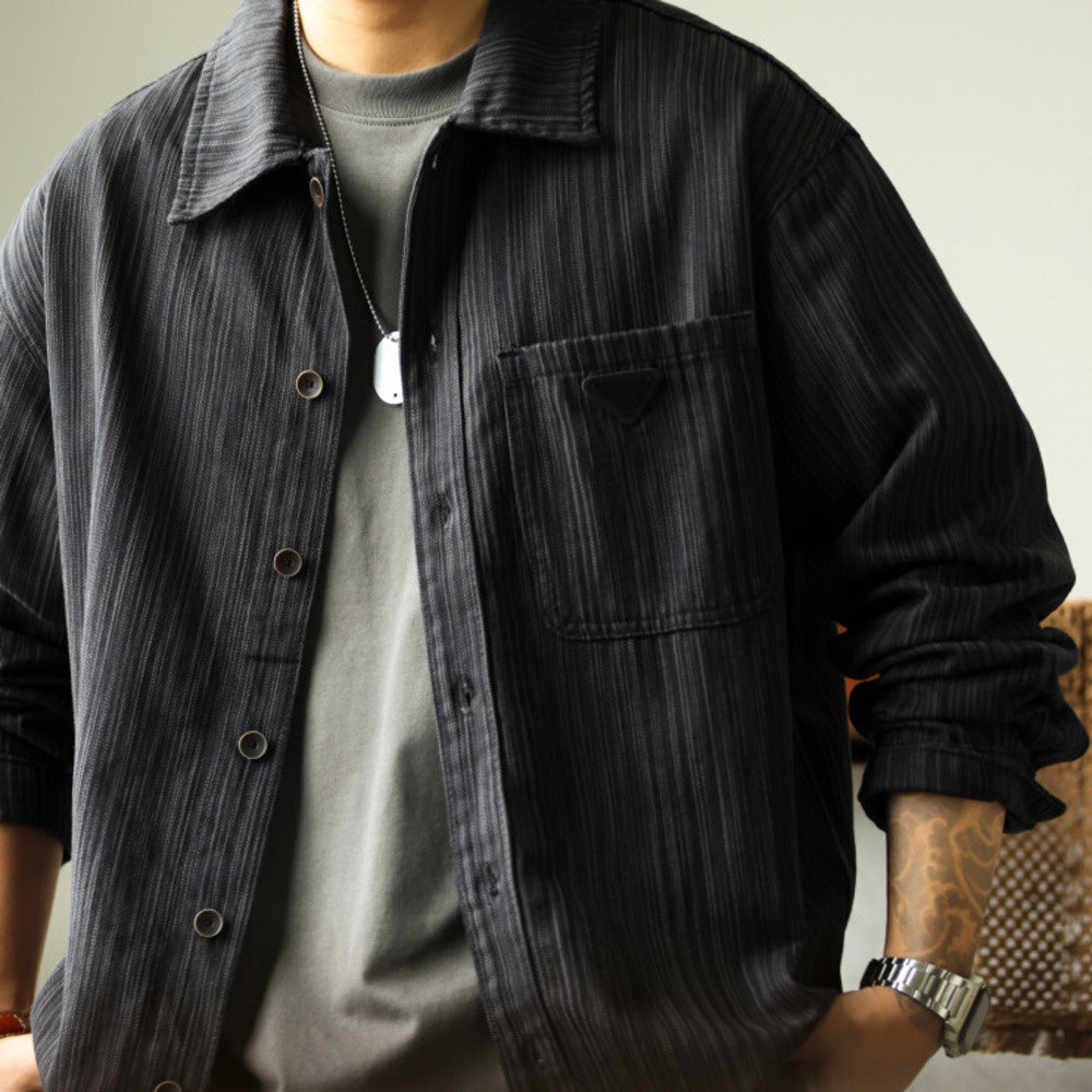 美式復古重磅竹節紋襯衫外套男高級感寬鬆休閒工裝長袖襯衣-Retro's Wear