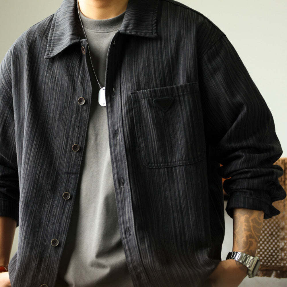 美式復古重磅竹節紋襯衫外套男高級感寬鬆休閒工裝長袖襯衣-Retro's Wear